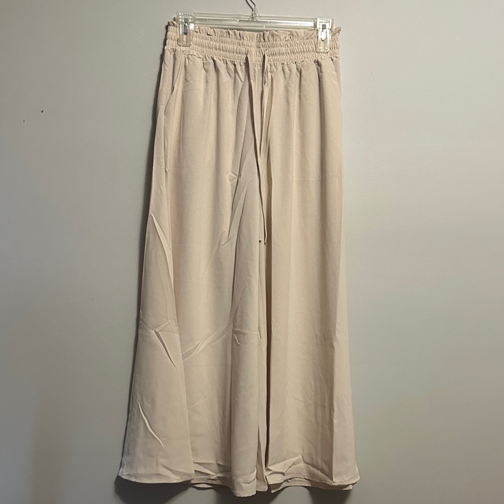 Pull On Beige Flowy Wide-Leg Pants Large